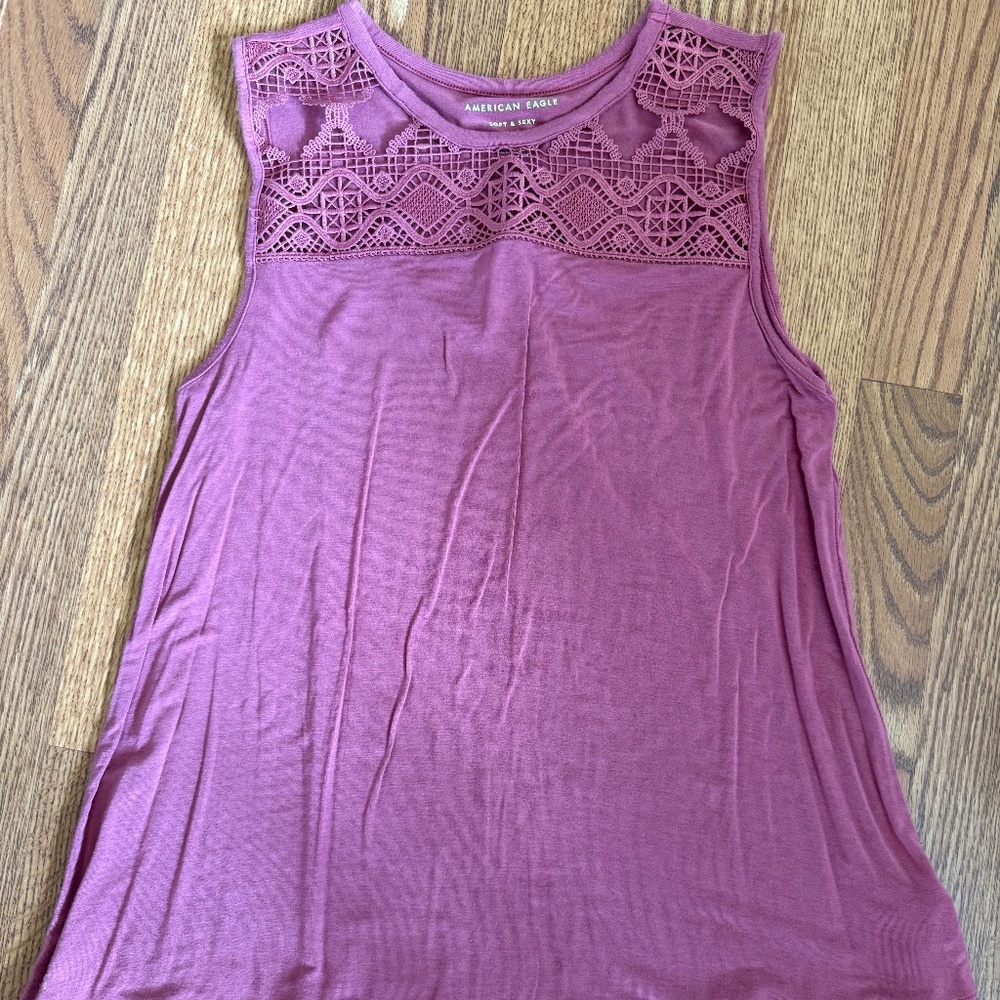 American Eagle Outfitters Mauve Lace Yoke Tank Top - Dusty Rose